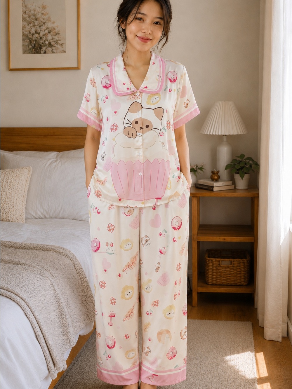 Cute Pink Cat Cupcake Short-Sleeve Pajama Set